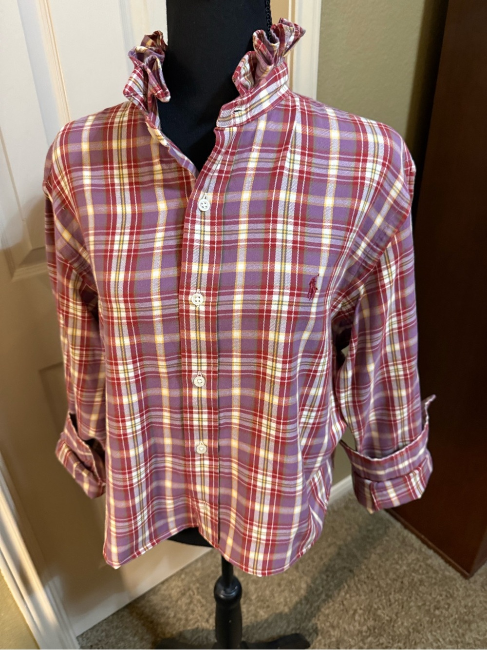 Plaid Ralph Lauren Ruffle-Collar Button-Down Shirt
